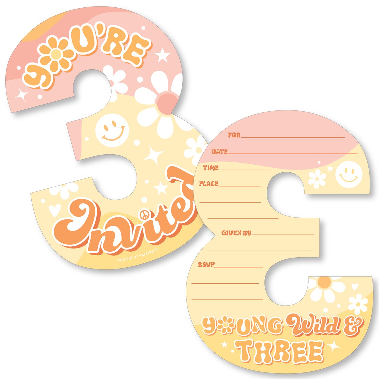 Big Dot of Happiness Young, Wild and Three - Shaped Fill-In Invitations - Boho Hippie Third Birthday Party Invitation Cards with Envelopes - Set of 12